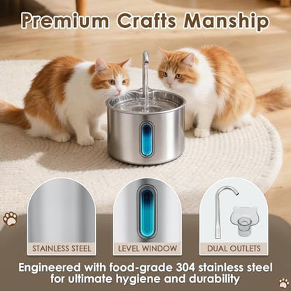 Stainless Steel Cat Water Fountain, 74oz/2.2L Automatic Pet Water Dispenser with 3 Filters & 2 Water Outlets, Quiet Indoor Drinking Fountain for Cats Small Dogs, Water Level Window - Image 2
