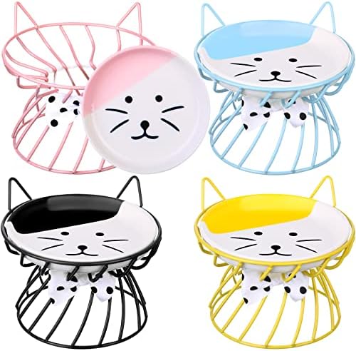 Sunnyray Cat Feeder, 4 Pcs Elevated Ceramic Cat Bowls with Metal Stand, Whisker Friendly, Anti Vomit, Dishwasher Safe, for Dog Pet (Multicolor) by Sunnyray