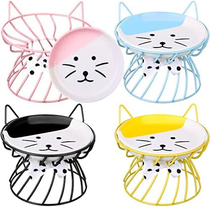 Sunnyray Cat Feeder, 4 Pcs Elevated Ceramic Cat Bowls with Metal Stand, Whisker Friendly, Anti Vomit, Dishwasher Safe, for Dog Pet (Multicolor) by Sunnyray