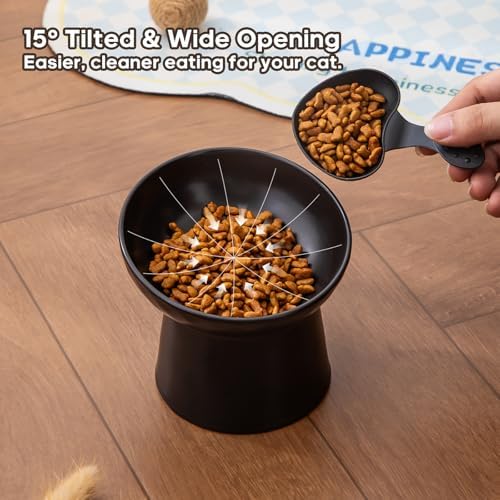 Ceramic Raised Cat Bowls - Elevated Tilted Cat Food and Water Bowls, Anti Vomiting and Protect Pets' Spines Pet Feeding Dish for Cats, Dishwasher Microwave Safe (1 x Bowl - Black) - Image 4