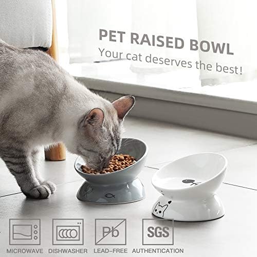 Sweejar Ceramic Raised Cat Bowls, Slanted Cat Dish Food or Water Bowls, Elevated Porcelain Pet Feeder Bowl Protect Cat's Spine, Stress Free, Backflow Prevention (White) - Image 2