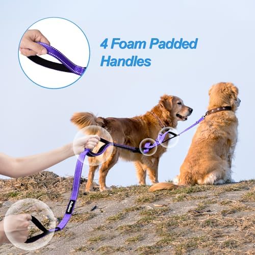 PetBonus Double Dog Leash, No Tangle Dual Leash, Reflective Walking Training Lead, 4 Comfortable Padded Handles for 2 Dogs with Collapsible Bowl and Waste Bags (Purple, Large) - Image 3