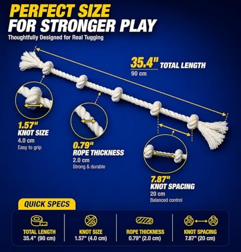 35" Dog Rope Tug Toy – 5-Knot Cotton Rope, Perfect Balance for Tug & Chew, Durable Interactive Toy for Medium & Large Dogs (22–88 lbs), Indoor & Outdoor, Washable, White - Image 5