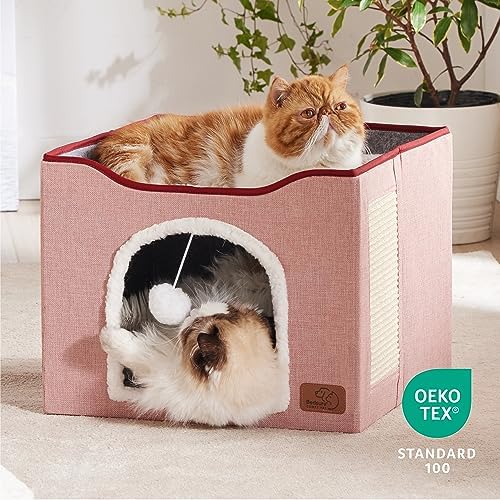 Bedsure Cat Beds for Indoor Cats - Large Cat Cave for Pet Cat House with Fluffy Ball Hanging and Scratch Pad, Foldable Cat Hideaway,16.5x16.5x13 inches, Pink - Image 5