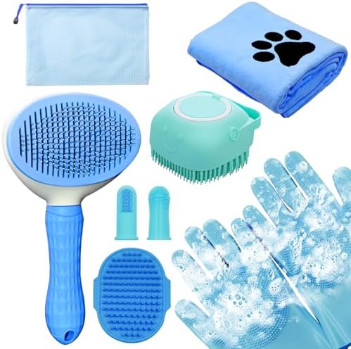 Dog Grooming Kit for Shedding – 8-Piece Pet Grooming Supplies with Deshedding Brush, Bath Gloves, Towels & Silicone Toothbrush | Ideal for Dogs, Cats, Small and Large Pets (Blue) by Aiolpy