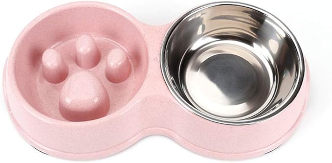 Tineer Double Pet Dog Slow Feeder Bowl,Stainless Steel Anti-Choke Puppy Food and Water Feeder for Dog Cats (Pink)