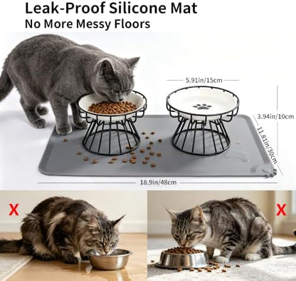 Elevated Ceramic Cat Bowl Set of 2 with Silicone Mat - Image 2