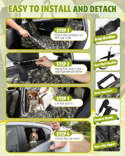 Dog Car Seat Cover, 600D Heavy Dute Car Seat Cover for Dogs Pets, 100% Waterproof Anti-Scratch Nonslip Dog Hammock for Cars, Seat Covers Protector with SeatBelt for Sedan SUV Truck Standard Camo - Image 6