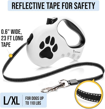 Award-Winning Retractable Dog Leash for Large and Extra Large Dogs (Max 110 lbs) Clip & Go System, Reflective Tape and Ergonomic Handle Includes Clips Poop Bag Holder and Dispenser, White