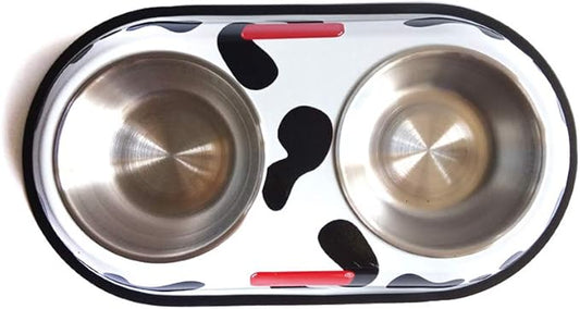 Spot Pattern Round Stainless Steel Dog and Cat Food Double Bowl Drinking Bowl Pet Supplies with Metal Anti Slip Base (L-Round-Pattern)