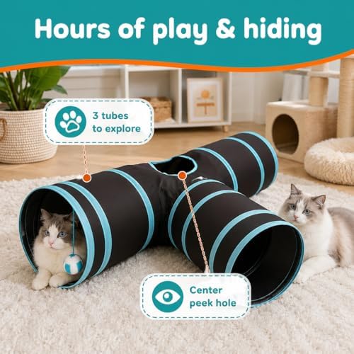 Cat Tunnel for Indoor Cats – 3-Way Collapsible Cat Tunnels with Hanging Ball & Peep Hole, Crinkle Pop-Up Play Tube Toy for Cats, Kittens, Puppies & Rabbits - Image 2