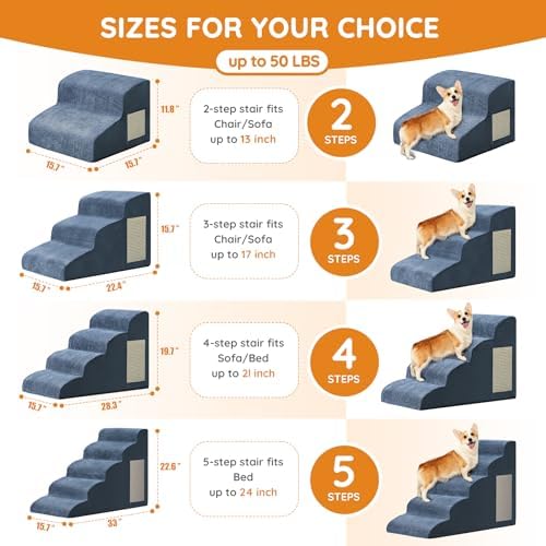 Ahpmeoa Dog Stairs for Small Dogs 19.7" H, Dog Ramp for Bed, 4-Step, Navy - Image 2