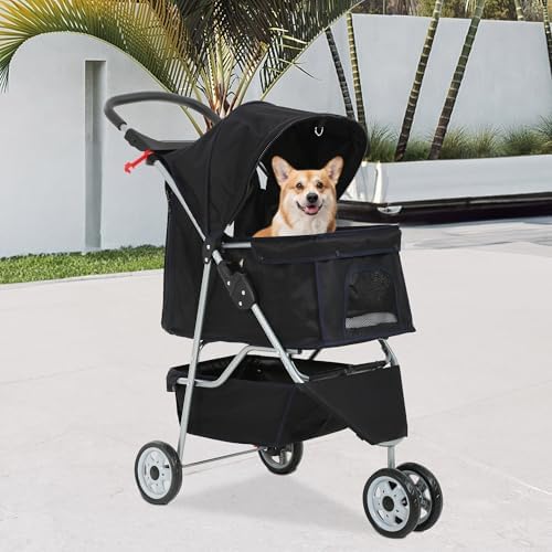 FDW Pet Stroller 3-Wheel Durable Foldable Cat Dog Stroller with Washable Liner Storage Basket Cup Holder,Dark Black - Image 2