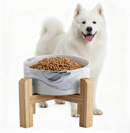 Elevated/Raised Ceramic Dog Bowl with Bamboo Stand,Marble Pattern 7 Inch 7.6 Cups Non Slip Heavy Weighted Single Pet Dish,Reduces Neck Strain Marble Gray