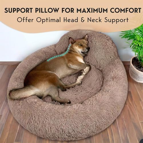 PetJett Calming Medium Dog Bed - 30'' Round Dog Beds - Washable Dog Bed - Anti-Slip Super Soft Fluffy Plush Donut Bed, Anti-Anxiety Premium Comfort Pet Bed, Fits Dogs up to 45 lbs - Beige - Image 2