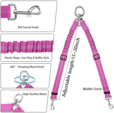 YAODHAOD Double Dog Leash,Two Dog Leash Splitter, No Tangle 360° Swivel Rotation Reflective Lead, Adjustable Length Bungee Heavy Duty Walking Training Dual Extension (Rose Red) - Image 3