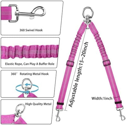 YAODHAOD Double Dog Leash,Two Dog Leash Splitter, No Tangle 360° Swivel Rotation Reflective Lead, Adjustable Length Bungee Heavy Duty Walking Training Dual Extension (Rose Red) - Image 3
