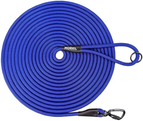Long Dog Leash, 10ft 30ft 50 feet Heavy Duty Dog Training Leash, Aviation Aluminum Auto Locking Carabiner, Nylon Rope Long Line Check Cord Recall Lead for Yard,Playing,Camping,Blue,50FT by MORXIL