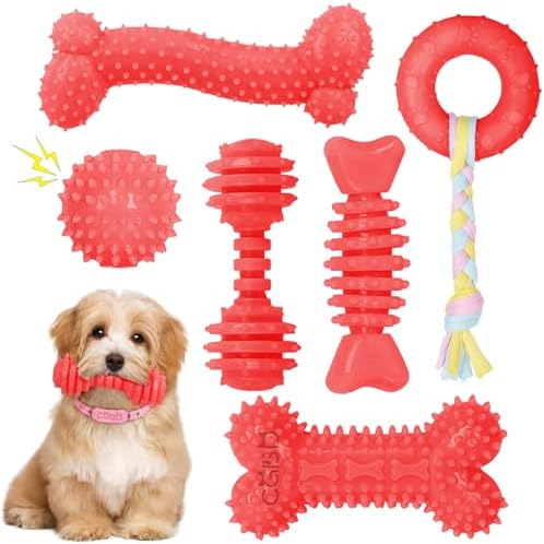 6 Pack Red Dog Chew Toys, Small Dog Teething Toys, Dental Health & Interactive Play by CGBD