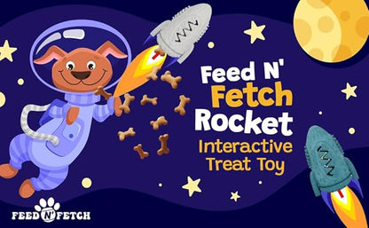 Feed N' Fetch Interactive Treat Rocket - Multipurpose Dog Feeder, Teeth Cleaner & Treat Dispenser - Food Puzzle Toy for All Dog Breeds & Sizes