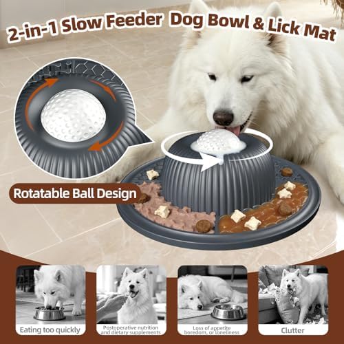 2-in-1 Dog Slow Feeder Bowl & Lick Mat with 2 Rotatable Balls, No-Slip Silicone Anxiety Relief Treat Mat for Dogs & Cats, Dishwasher Safe (Gray) - Image 2