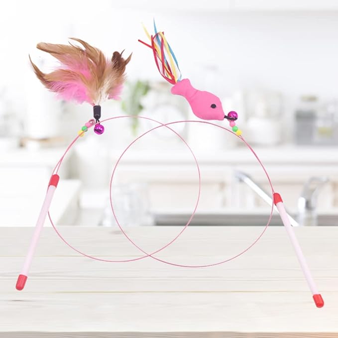 TEHAUX Cat Teaser Wand 27.55 Inch Interactive Fishing Pole with Feather Fish Design and Bells for Kitten Exercise and Play