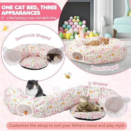 Aliceset Easter Bunny Cat Tunnel Bed for Indoor Cats 3ft x 3ft x 10in Foldable Cat Donut Tunnel with Washable Cushion Easter Rabbit Peekaboo Cave Toy for Small Kitten Kitty - Image 5