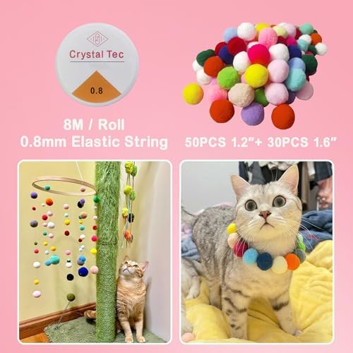 Soft Pom Pom Cat Toys - Plush Interactive Balls for Kittens & Indoor Cats, DIY Craft Decorations - Multi-Purpose Play, Training & Sensory Enrichment (1.2" 50pcs + 1.6" 30pcs) - Image 5
