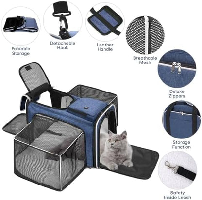 Pet Carrier, Large Soft Sided Expandable Travel Carrier with Steel Frame, Anti-Scratch Mesh, Removable Fleece Pad and Pockets for Cats, Dogs and Small Animals up to 15 lbs (Blue, 4 Sides Expandable) - Image 4