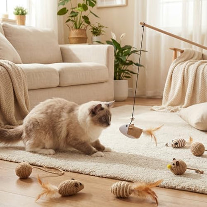 Leitee 20 Pcs Interactive Cat Toys for for Indoor Cats Set, Wooden Cat Wand Toywith Bells Feather Handle Chew Rope Mouse Sisal Balls Kitty Toys for Play Chase Exercise (Brown) - Image 4