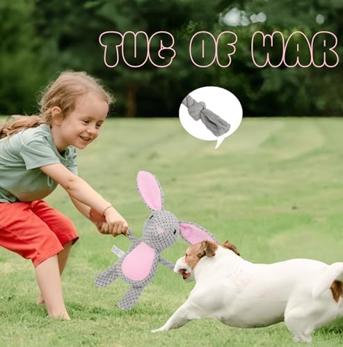 Plush Bunny Dog Toy, Squeaky Tug Toy with Rope Arms for Small Medium Dogs - Image 5