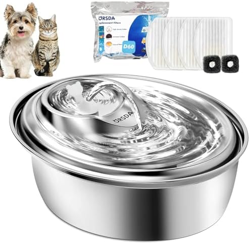 ORSDA Cat Water Fountain Stainless Steel, 3L Automatic Pet Drinking Fountain for Cats Inside, Dog Water Dispenser with Adjustable Water Flow and 6 Replacement Filters for Cats, Dogs (D60) by ORSDA