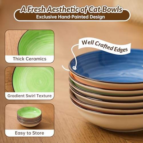 Colorful Ceramic Cat Bowls Set, 6 Pack Whisker-Friendly Cat Dishes for Food and Water, 5.7" Wide and Shallow Plates for Dry Wet Food, Ideal for Multi-Pet Homes, Microwave & Dishwasher Safe - Image 3