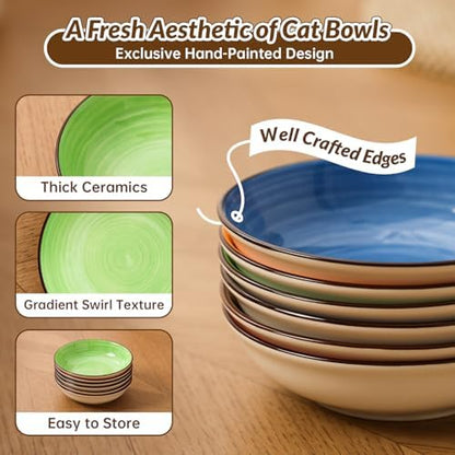 Colorful Ceramic Cat Bowls Set, 6 Pack Whisker-Friendly Cat Dishes for Food and Water, 5.7" Wide and Shallow Plates for Dry Wet Food, Ideal for Multi-Pet Homes, Microwave & Dishwasher Safe - Image 3