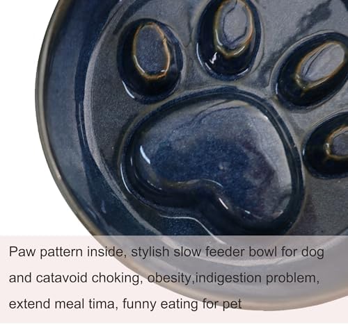 Ceramic Slow Feeder Bowl, 6.69 x 5.7 inches, Elevated Design with Paw Pattern, for Cats and Small Dogs (Dark Blue) - Image 2