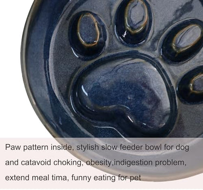 Ceramic Slow Feeder Bowl, 6.69 x 5.7 inches, Elevated Design with Paw Pattern, for Cats and Small Dogs (Dark Blue) - Image 2