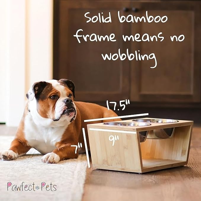 Pawfect Pets Elevated Dog Bowl Stand- 7" Raised Pet Feeder for Medium Dogs with Four Stainless Steel Bowls.