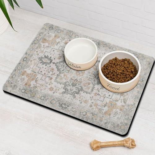 Vintage Tribal Dog Food & Water Mat, Boho Pet Feeding Mat for Floor Non-Slip Waterproof, Super Absorbent Cat Bowl Mat, Easy to Clean Durable Pet Placemat,16" × 24" by Stunnoosy
