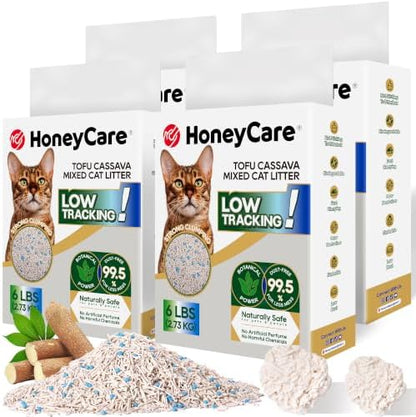 HoneyCare Cassava Tofu Mixed Cat Litter I Quick Clumping, Odor Control, Plant-Based Natural Ingredients, Non-Stick, Low Tracking, & Low Dust, 24 Lbs (4 Packs) by HoneyCare