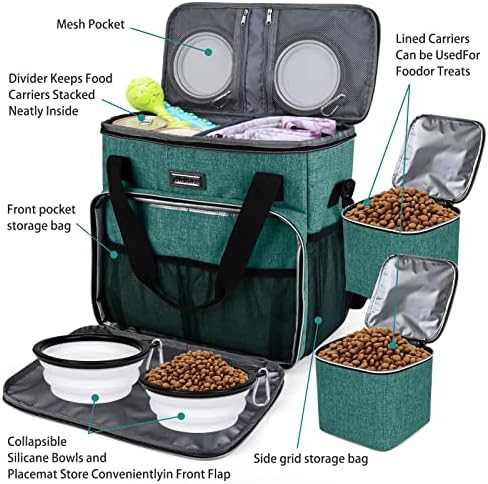 BAGLHER Pet Travel Set Airline-Approved Carrier for Small/Medium Cats & Dogs + Travel Bag with Food Containers & Silicone Bowls, Grey & Green - Image 5