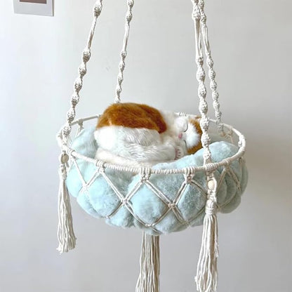 Macrame Cat Hammock Bed in Cotton White - Extra Large 40" Hanging Swing for Large Cats, Handmade Natural Rope Pet Nest, Boho Modern Wall Mounted Cat Chair, No Cushion