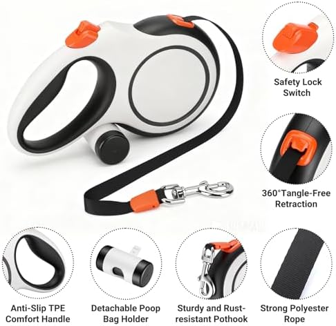 Segarty 26 Ft Walking Lead for Dogs 66 lbs - 110 lbs, 360°Tangle-Free 8m Retractable Long Leash with Detachable Poop Bag Holder for Pets Walk Outside, Anti-Slip Handle and One-Handed Brake Pause Lock - Image 3