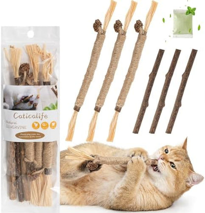 6Pcs Silvervine Sticks for Cats with Catnip Bag, Cat Chew Toys for Teeth Cleaning and Anxiety Relief, Natural Dental Care Kit for Indoor Cats & Kittens by Caticalife