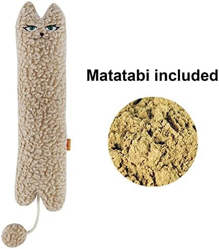 TTcat 14.6 Inch Large Curly Plush Pillow Cat Kicker Toy with Catnip Silvervine Powder, Soft Stuffed Cat Chew Toy with Tail, Interactive Toy for Indoor Cats and Kittens(Beige). - Image 3