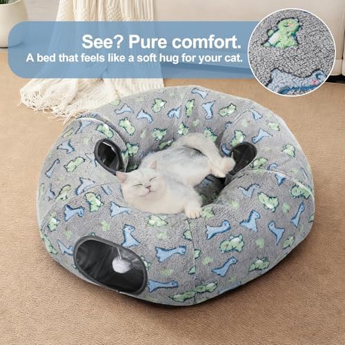 Cat Tunnel Bed, Foldable Cat Donut Tunnel with Removable Cushion & Toy Ball, Stress Relief Fun, Round Pet Play Tunnel for Indoor Cats, Kittens and Small Pets (3D Dinosaur Pattern) - Image 4