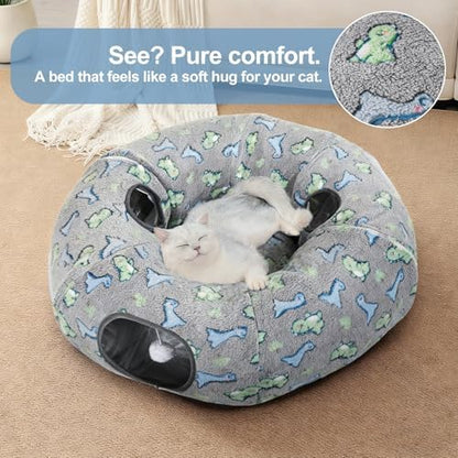 Cat Tunnel Bed, Foldable Cat Donut Tunnel with Removable Cushion & Toy Ball, Stress Relief Fun, Round Pet Play Tunnel for Indoor Cats, Kittens and Small Pets (3D Dinosaur Pattern) - Image 4
