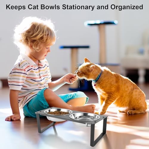 2 Set Elevated Cat Food Water Bowls, 4 Stainless Steel Bowls for Indoor Pet with Cute Metal Stand, 10° Tilted Anti-Vomiting Wide Shallow Raised Cat Dishes Whisker Friendly for Multiple Kitten,Puppy - Image 6