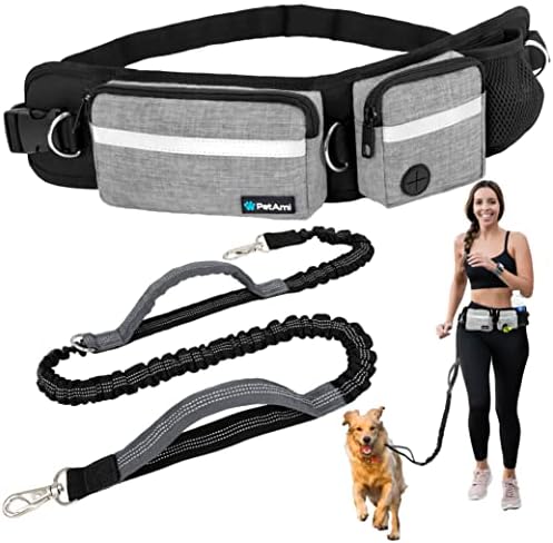 PetAmi Hands Free Dog Leash Belt Bag for Walking, Jogging - Double Zipper Pouch with Poop Bag Dispenser, Dual Padded Handles Reflective Bungee Leash, Single (Heather Grey) by PetAmi