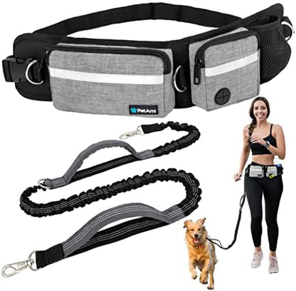 PetAmi Hands Free Dog Leash Belt Bag for Walking, Jogging - Double Zipper Pouch with Poop Bag Dispenser, Dual Padded Handles Reflective Bungee Leash, Single (Heather Grey) by PetAmi