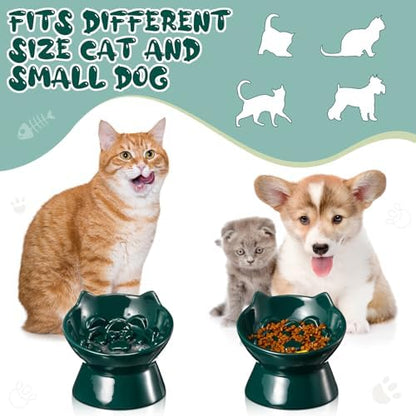 Funnymoom 2 Pcs Ceramic Raised Slow Feeder Cat Bowl, 5.91inch Elevated Cat Slow Feeder Bowl Tilted Anti Vomiting for Dry Wet Food and Water Easy to Clean High Edge(Dark Green) - Image 5